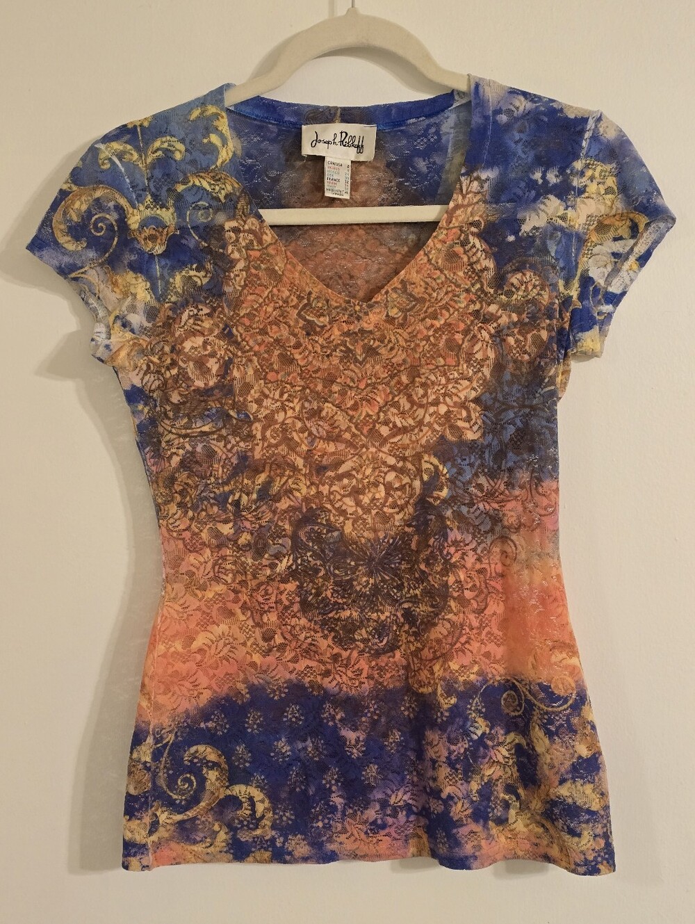 Joseph Ribkoff Blue & Orange V-Neck Printed Short Sleeve Tee Sz XS (2) - Picture 5 of 13